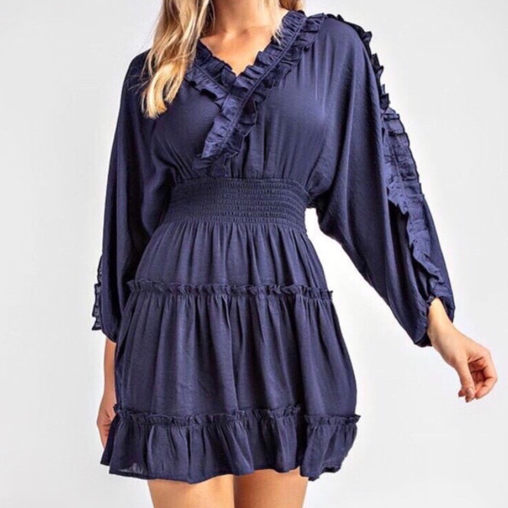 NAVY RUFFLED MINI DRESS